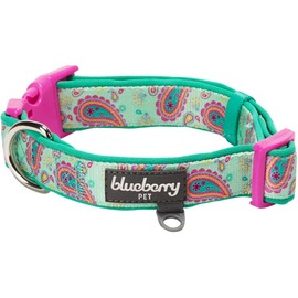 Blueberry Pet 5 Patterns Soft & Comfy Paisley Flower Print Neoprene Padded Adjustable Dog Collar, Emerald Green, Medium, Neck 14.5"-20"