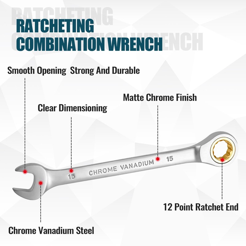 DAKCOS Fixed Head Ratchet Spanner 18mm Ratcheting Combination Wrench Chrome