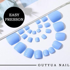 Outyua Solid Toe Nails Glossy Blue Press on Toenails Acrylic Square False Toe Nail Short Summer Beach Full Cover Fake Toenail with Designs 24pcs for Women (Blue)
