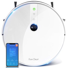 Pure Clean Robotic Vacuum Cleaner - 1800Pa Suction - Wifi Mobile App and Gyroscope Mapping - Ultra Thin 2.9” Height Cleans Carpets and Hardwood Floor - PUCRC455, White