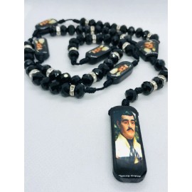 Rosario Jesus Malverde cristal Negro e imagen en tableta de madera hecho a mano