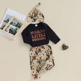 Baby Boy Cowboy Outfit Newborn Western Country Boy Clothes Cow Print Letter Bodysuit+Long Pants+Cap 3pcs Fall Clothes (A-Black, 3-6 Months)
