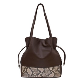 Italia Leather Women's Slim Drawstring Tote Shoulder Bag Brown Python
