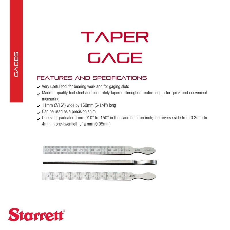 Starrett Taper Gage for Measuring Hole and Slot Sizes -