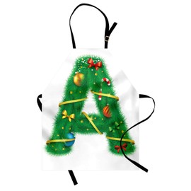 Ambesonne Christmas Alphabet Apron, Holiday Theme A Letter Motif Typography Pattern on Plain Backdrop, Unisex Kitchen Bib with Adjustable Neck for Cooking Gardening, Adult Size, White and Green
