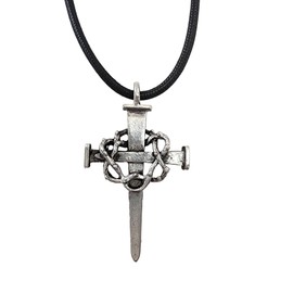 FORGIVEN JEWELRY Nail Cross Crown of Thorns Large Mens Pewter Antique Silver Metal Finish Pendant Black Cord Necklace
