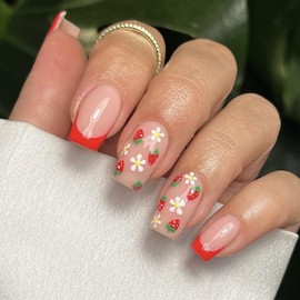 Spring Press on Nails Medium Square RIICFDD Flower Fake Nails with Cute Strawberry and Floral Designs Nude Pink Full Cover False Nails Glue on Nails Summer French Nails for Women Girls 24Pcs