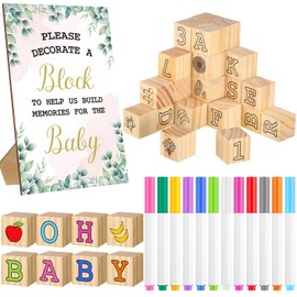 Watersay 53 Pcs Baby Shower Games Sign Kit Include 36 ABC Letter Alphabet Blocks 4 DIY Wooden Blocks 1 Block Frame Sign 12 Acrylic Markers for Gender Reveal Building Game(Leaves Style)