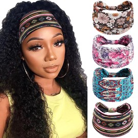 SAWINDA Wide Boho Headbands for Women Floral Print Twist Knot Elastic Non-Slip Womens Head Bands African Style Daily Life Yoga Sports Hair Wraps 4 Pack
