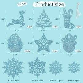 Christmas Tree Decoration – 42 Pieces Blue Glitter Snowman Reindeer Santa Claus Snowflakes Ornaments Glitter Christmas Tree Decorations in 10 Different Shapes and Included Silver Threads