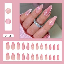 Pink Press On Nails Medium Almond Fake Nails Cat Eye False Nails Press Ons With Pink Flower Design Nude Pink Stick On Nails for Women Nail DIY 24Pcs