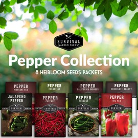 SURVIVAL GARDEN SEEDS Eight Pepper Seed Collection - Big Red, Cayenne, Jalape?o, Serrano, California Wonder, Marconi Red, Chocolate Beauty, Cubanelle Seeds to Grow - Non-GMO Heirloom Survival Garden Seeds
