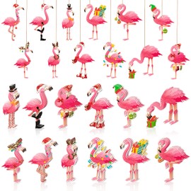 Haooryx 37PCS Christmas Flamingo Wood Hanging Ornaments Pink Flamingo Wooden Decorations Pendants with Rope Xmas Animal Slices Tag for Winter Holiday Party Supplies Farmhouse Christmas Tree Decor