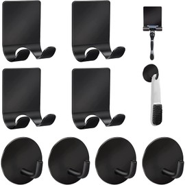 Diesisa Razor Holder for Shower + Adhesive Wall Hooks, Premium 304 Stainless Steel Shower Razor Holder with Heavy Duty Waterproof Sticky Hooks for Hanging Towels, Coat, hat (4+4 Pack) - Black