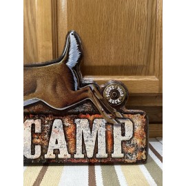 Letrero de metal de campamento de ciervos arco flecha pistola bala estilo vintage decoración de pared