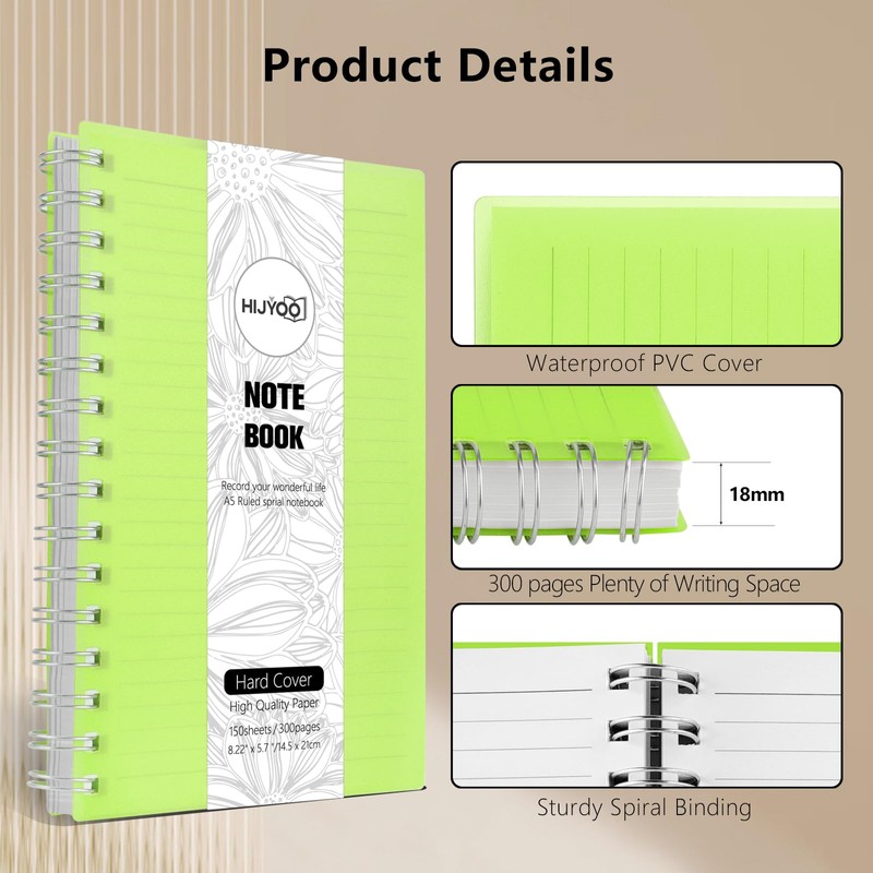 HIJYOO Notebook A5, 300 pages/150 sheets Wirebound Spiral Notebooks, A5