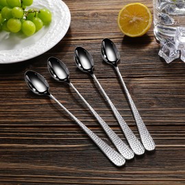 KEAWELL Premium Louise Hammered Long Handle Iced Tea Spoons: 4-Piece/8-Piece Set, 18/10 Stainless Steel, Long Teaspoons, Long Coffee Spoons, Brightly Mirror-Polished, Dishwasher Safe (4, 9 inches)