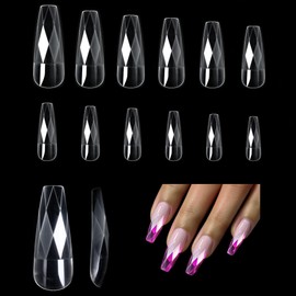 3D Diamond Nail Tips, 140Pcs Long Coffin Acrylic Fake Nails, Full Cover Press On Nails, Soft Gel Tips, No Filed Stronger Adhesion False Nails for Nail Extension, 14 Sizes