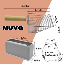 MUYG Cat Litter Scoop with Holder,Metal Cat Scooper for Litter Box with Wooden Handle,Kitty Litter Scoop with Sturdy Washable Base Stand Heavy Duty Cat Litter Box Scooper for Easy Fast Sifting（Grey）