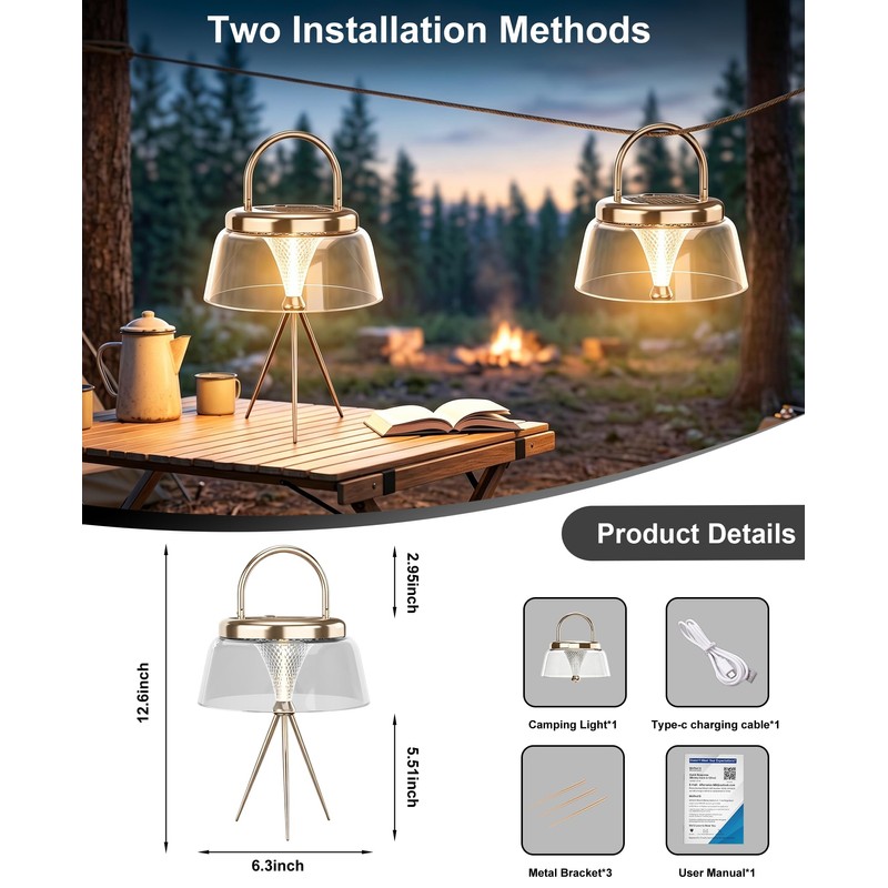 Solar Camping Lantern, 360° COB LED Rechargeable with Solar&Type-C, IP65