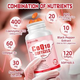 Cápsulas blandas de CoQ10 de 400 mg con PQQ, BioPerine y Omega-3, suplemento de coenzima Q10 (ubiquinona) de alta absorción y potente antioxidante, que favorece el corazón y la producción de