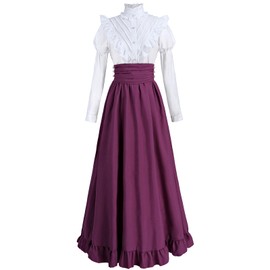 FCCAM Victorian Dress for Women 2-Pieces 1800s Edwardian Dress Ball Gown Renaissance Costume Magenta M
