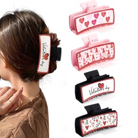 YUEELI 4 PCS PU Leather Hair Claw Clips for Women Girls Square Claw Clips Heart Hair Claw Clips Large PU Heart Print Hair Clip Claws for Women Thin Thick Hair