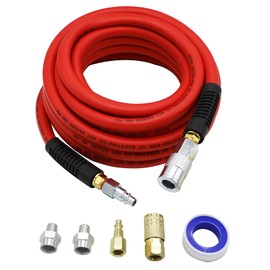YOTOO Air Hose 1/2 in. x 25 ft, 300 PSI Hybrid Air Compressor Hose, Heavy Duty, Lightweight, Kink Resistant, All-Weather Flexibility with Bend Restrictors, 3/8" and 1/4" Air Fittings Kit, Red