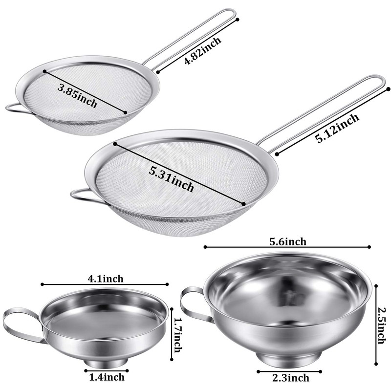 4 Pieces Stainless Steel Funnels with Fine Mesh Strainer, Household