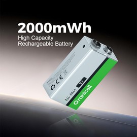 Granicell 4 Pack 2000mWh 9V Rechargeable Batteries, 1200 Cycles NiMH 9 Volt Battery, Solar Pre-Charged, Safe for Smoke Detectors, Fire Alarms, Garage Door Opener