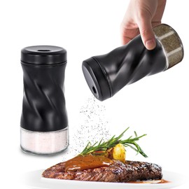 Black Salt and Pepper Shakers with Adjustable Pour Hole by NEODACO, Modern Glass Salt Shaker with Stainless Steel Lids for Kitchen Gadgets Table, RV, Ideal for Himalayan, Kosher, and Black Pepper