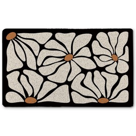 INDAJEDN Groovy Boho Floral Door Mat, Black and Beige Floral Welcome Doormat for Front Door Indoor Outdoor Entrance Entryway Porch, Boho Neutral Flower Bath Mat for Bathroom Decor, 17x30 Inches