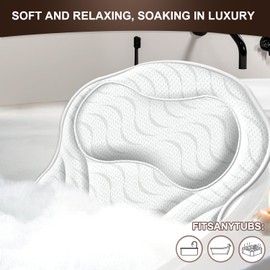 Bath Pillow Luxury Bathtub Pillow - Bath Pillows for Tub Neck and Back Support, Ergonomic Tub Pillow for Bath with 6 Powerful Suction Cups, Fits All Bathtub Portable Bath Accessories - White