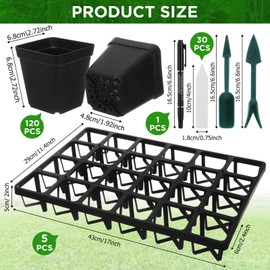 Baderke 5 Pcs 24-Cell Square Nursery Pot Tray, 120 Pcs 2.72 Inch Nursery Pots, 30 Plant Labels, 1 Marking Pen & 2 Plastic Seedlings Dibbers for Microgreening, Plant Pot Carrying & Nursery Propagation