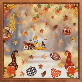 ZAWE 9 Sheets Fall Window Clings Gnomes Maple Leaves Pumpkins Football Double-Sided Window Decals Stickers for Autumn Thanksgiving Party Home Classroom Office Decorations