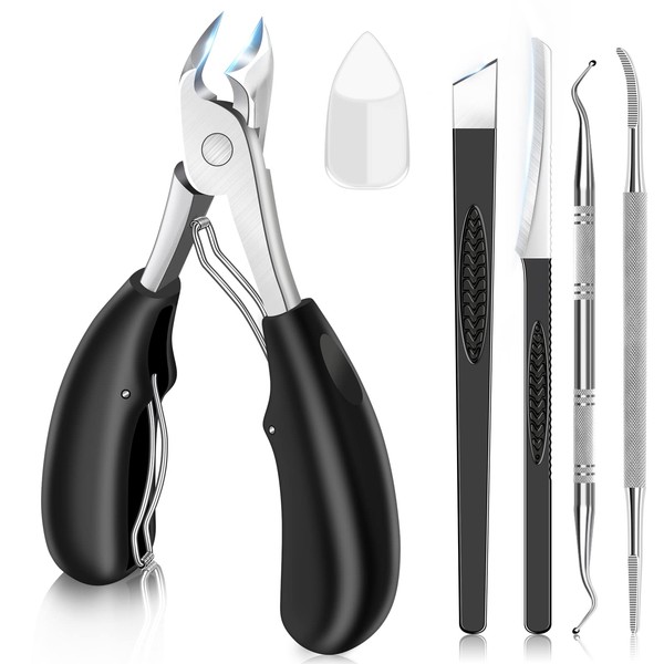 Toenail Clippers for Seniors Thick Toenails, Wide Jaw Opening Nail Clippers for Men Long Handle Heavy Duty Nail Cutter, 5PCS Professional Nail Clipper Set with Ingrown Toenail Tool