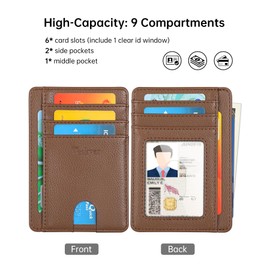 Teskyer Mini Wallet Men's Small Card Case, PU Leather Slim Card Case, RFID Protection, Minimalist, with ID Window and Quick Access Compartment, Lichee Brown, Minimalist