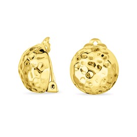 Hammered Dome Ball Clip On Button Earrings For Women 14K Gold Plated .925 Silver With Brass Clip Non Pierced Ears