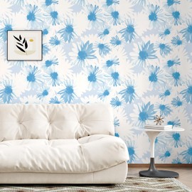 Skyblur Blue and White Floral Peel and Stick Wallpaper Modern Boho Contact Paper for Cabinets Drawers Daisy Flower Self Adhesive Wallpaper Bathroom Bedroom Removable Vinyl Roll 17.5"×118"