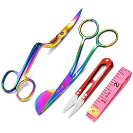 AAProTools 2 Multi Color 6" Stainless Steel Applique Duckbill Scissors Blade Offset Handle & 6" Machine Embroidery Double Curved Scissors Bundle W/ Thread Cutter Red Tailor Sewing Ruler Tape Measure