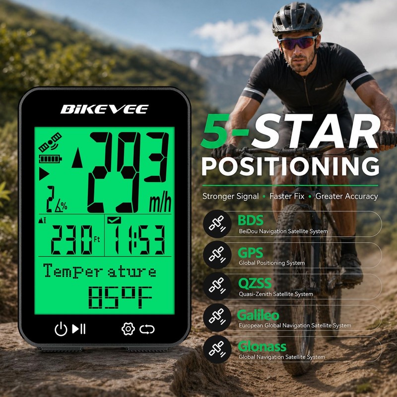 Bikevee GPS Bike Computer, 2.4" Display, IPX7, 8 Languages, Green