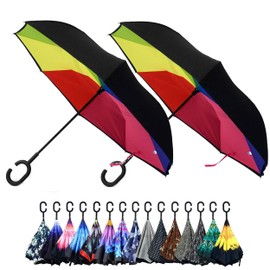 Parquet Purple and Blue Flower Double Layer Inverted Umbrellas - C Shaped Handle Reverse Folding Windproof Umbrella for Men and Women