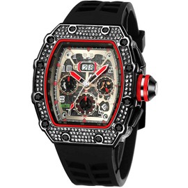FANMIS Mens Bling Punk Diamond Chronograph Watches Fashion Style Silicone Band Sports Wrist Watch (Black Black)
