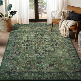 Jainmy Vintage Dark Green Area Rugs 5x7 for Living Room, Tranditional Distressed Medallion Printed Low Pile Thin Rugs for Bedroom, Non Slip Washable Carpet Rugs for Dining Room/Kitchen/Home Office