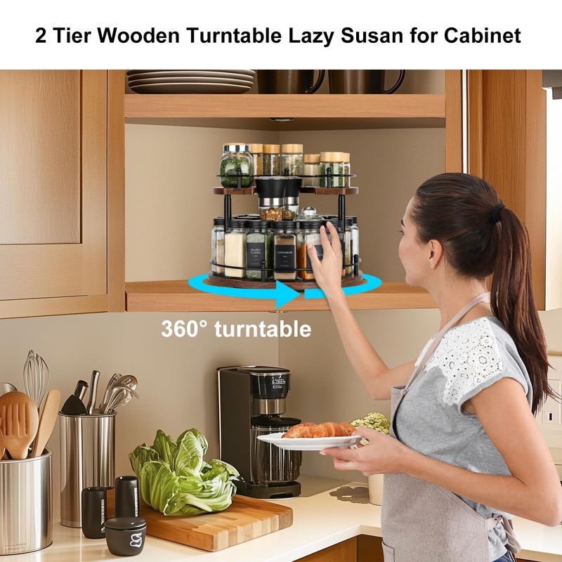 Turntable Lazy Susan Organizer Spice Rack, 2Tier Wooden Spinning Revolving