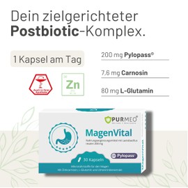 PURMEO MagenVital Pylopass Lactobacillus Reuteri, Zinc Carnosine, L-Glutamine and Elm Bark Extract, 30 Capsules, Supports Digestion, Vegan, Lactose-Free, Laboratory Tested, Made in Germany