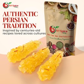 NY Spice Shop Golden Crystal Rock Candy with Saffron - 1 Pound Natural Sugar Crystals Infused with Pure Saffron Strands - Traditional Sweetener for Tea Coffee Desserts and Gifting