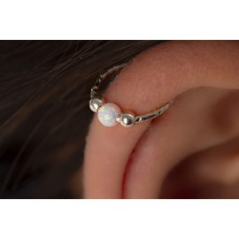 Cartilage Hoop Earring Sterling Silver - Tiny 20 Gauge Helix Hoop - Shiny White Opal Silver Beads - Handmade Helix Rings Women Men - 8mm Diameter 0.3 Inches Twist Wire Cartilage Rings