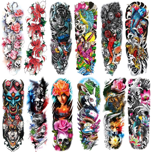 Colorful Sleeve Tattoos Stickers, Full Arm Temporary Tattoos Sleeves, Fake Watercolor Body Art Arm Tattoo for Kids Women Makeup, 12-Sheet