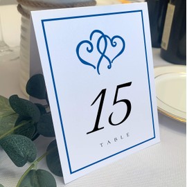 Linked Hearts and Border Wedding Table Numbers (Select Color/Quantity), White, Royal Blue, 1-65, Double Sided, Tent or Use in a Stand, Great for Parties & Restaurants